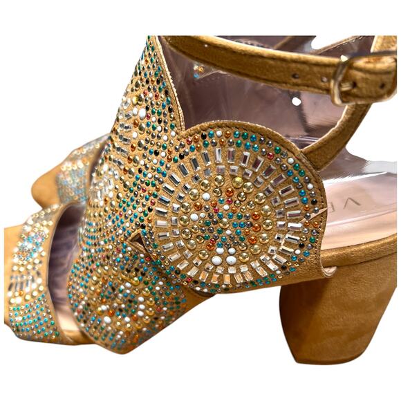 VENUS Womens 8 Tan Embellished Beaded Sandals Ankle Strap Block Heel - Picture 7 of 15